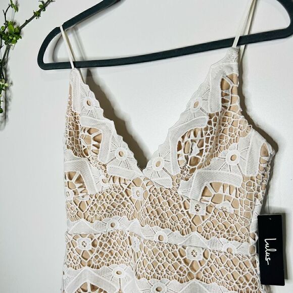 Lulu’s White Macrame Lace Overlay Nude Dress Bridal Rehearsal NWT! - Picture 2 of 11